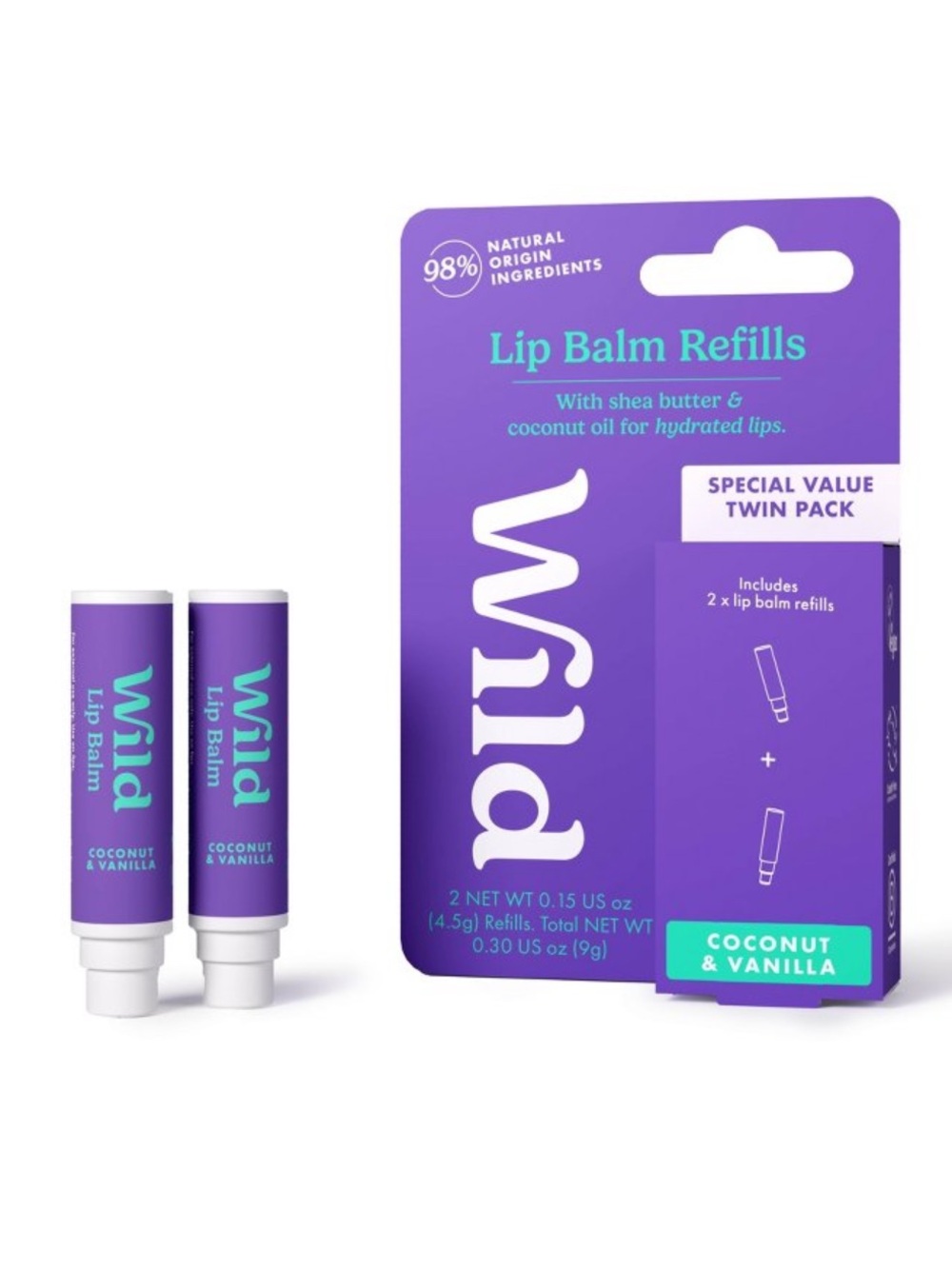 WILD 2pk Coconut & Vanilla Lip Balm Refills, NEW